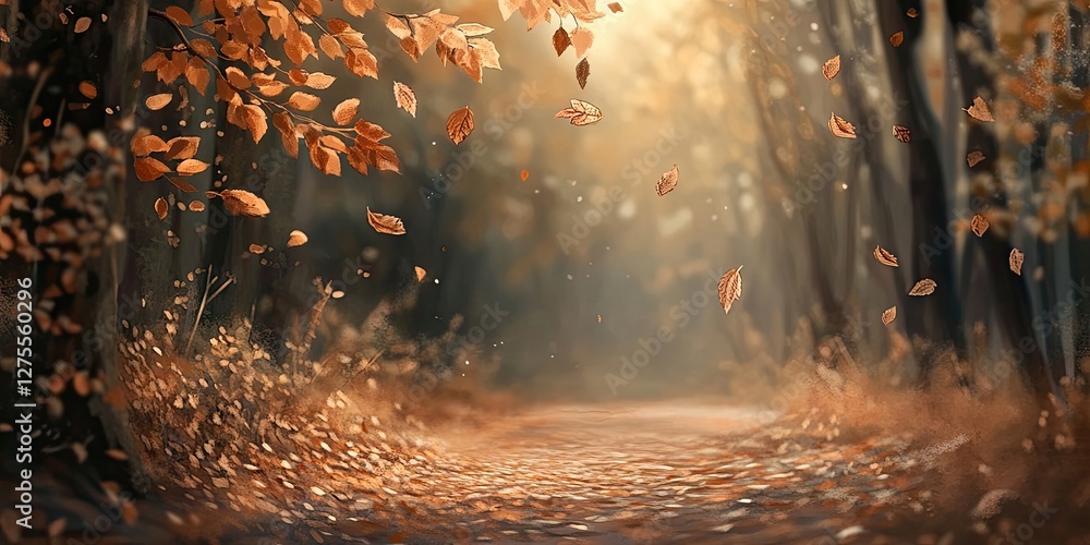 Leinwandbilder Serene forest pathway with golden brown leaves floating gently through a softly blurred backdrop creating a tranquil autumn scene.