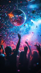 Vibrant party atmosphere with colorful lights and confetti flying. Generative AI