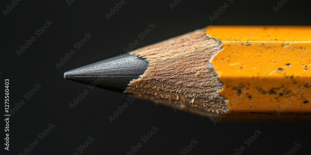 Poster Close up macro shot of a broken yellow pencil tip against a black background with ample negative space for text in composition