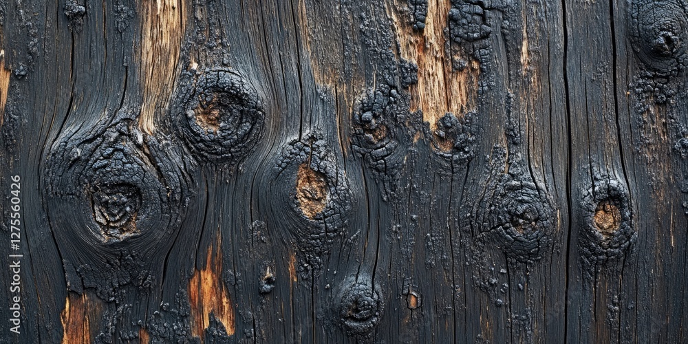 Poster textured blackened wood with visible knots and natural grain patterns showcasing a mix of dark charc