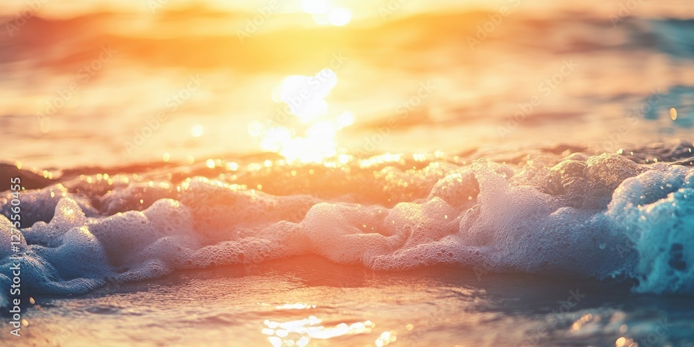 Fototapete Golden sunset over gentle ocean waves with soft splashes in the foreground creating a serene and tranquil beach atmosphere.