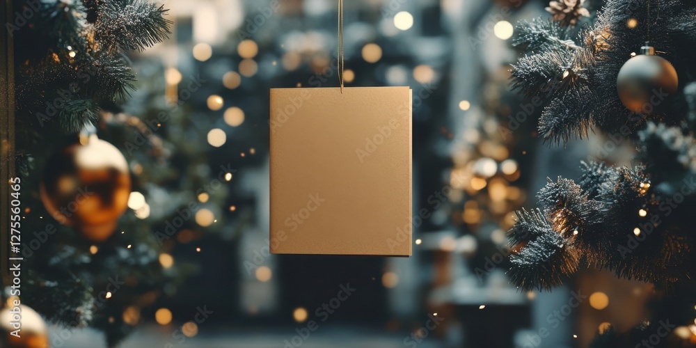 Poster brown greeting card hanging in the foreground with christmas tree branches and golden ornaments crea