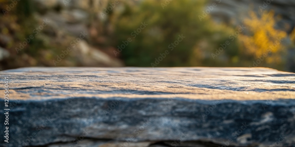 Poster stone table in foreground with textured surface, blurred natural backdrop in soft greens and browns,