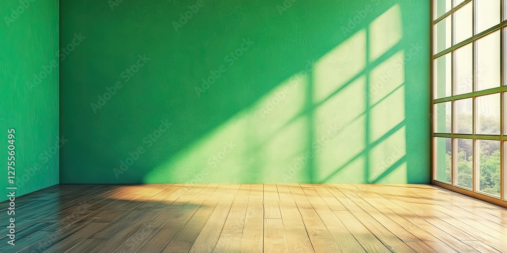 Poster vibrant green wall and wooden floor create a serene unoccupied room corner with soft shadows from la