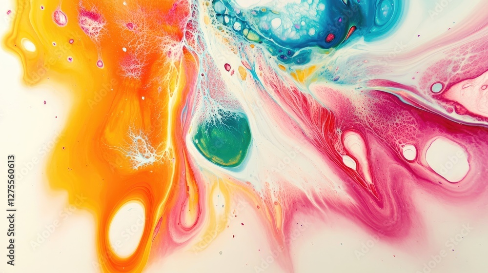 Poster an abstract painting with a surreal blend of bright colors and fluid, whimsical elements creating pl