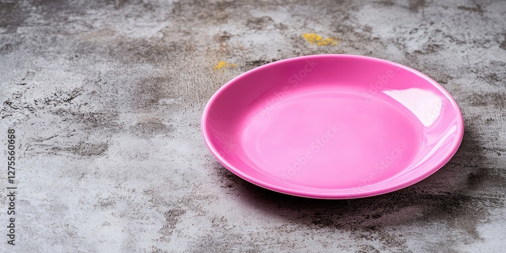 Aufkleber top view of a vacant pink plate on a textured gray cement surface with ample empty space for design 