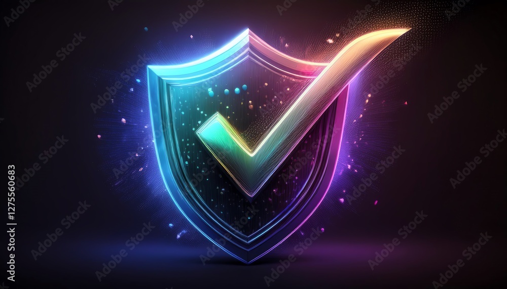 Poster a vibrant shield symbol with a checkmark, representing security and trust, illuminated by colorful l