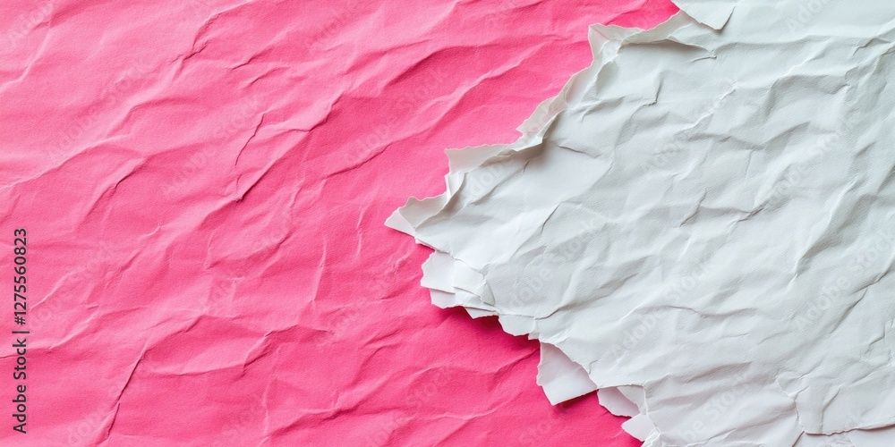 Poster crumpled pink and white paper texture background with soft waves and folds creating an abstract desi