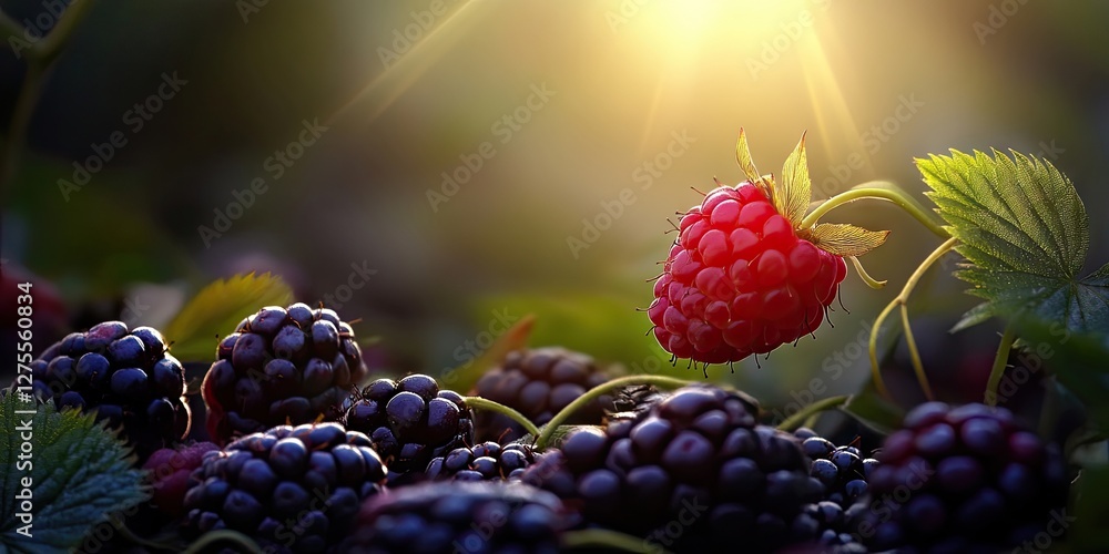Aufkleber A vibrant raspberry stands out amidst dark blackberries with green leaves under a soft golden light creating a striking contrast in the image.