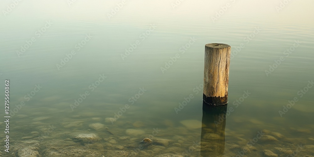 Poster calm water reflection of a wooden post surrounded by smooth stones in soft pastel tones under a hazy