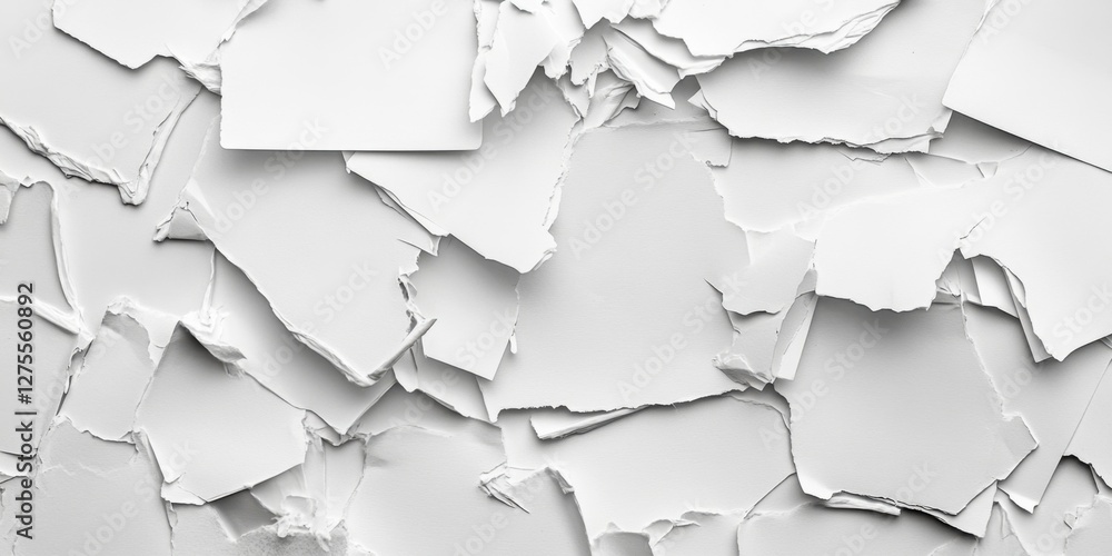 Poster white textured background featuring an assortment of ripped and torn paper pieces with varying shape
