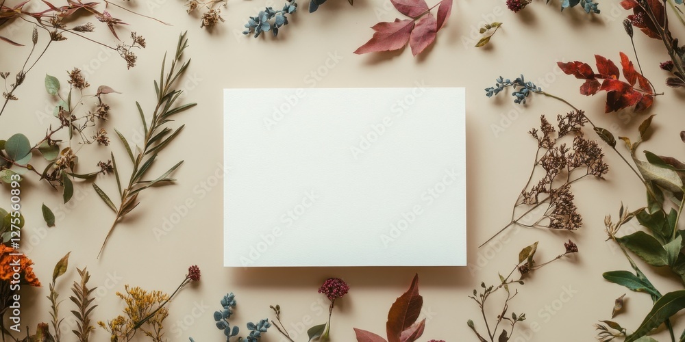 Poster minimalistic blank card mockup surrounded by colorful botanical decorations in a top view perspectiv