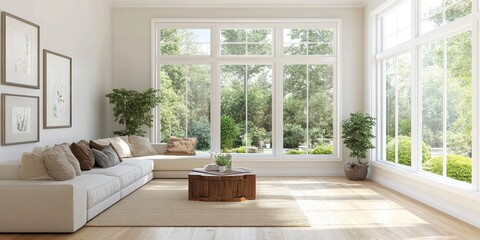 Fototapeta premium Bright and airy modern living room with large windows showcasing greenery outside, light beige sectional sofa, and wooden coffee table in center.
