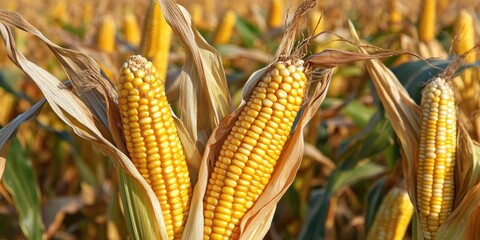 Autumn corn crop with mature golden kernels and dried husks under a clear sky, showcasing vibrant fields ready for harvest in warm tones.