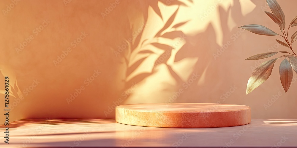 Fototapete warm-toned setting featuring a round wooden platform in soft light with delicate plant shadows on a 