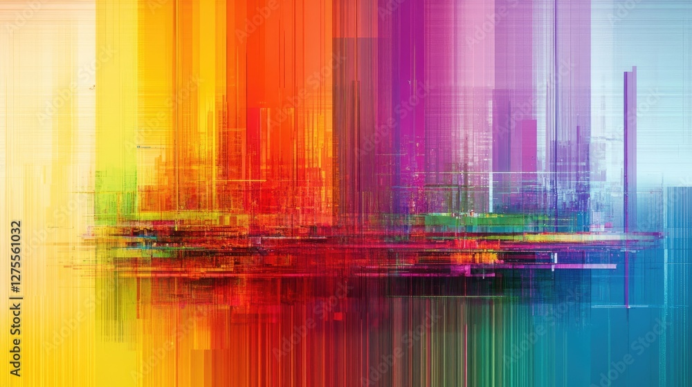 Poster an abstract background of rainbow static patterns combined with colorful geometric shapes and glitch