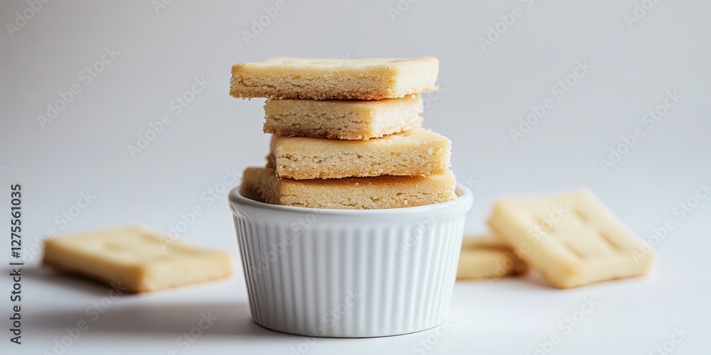 Poster Stack of rectangular vegan shortbread cookies in a white ramekin on a light gray background with scattered cookies around it.