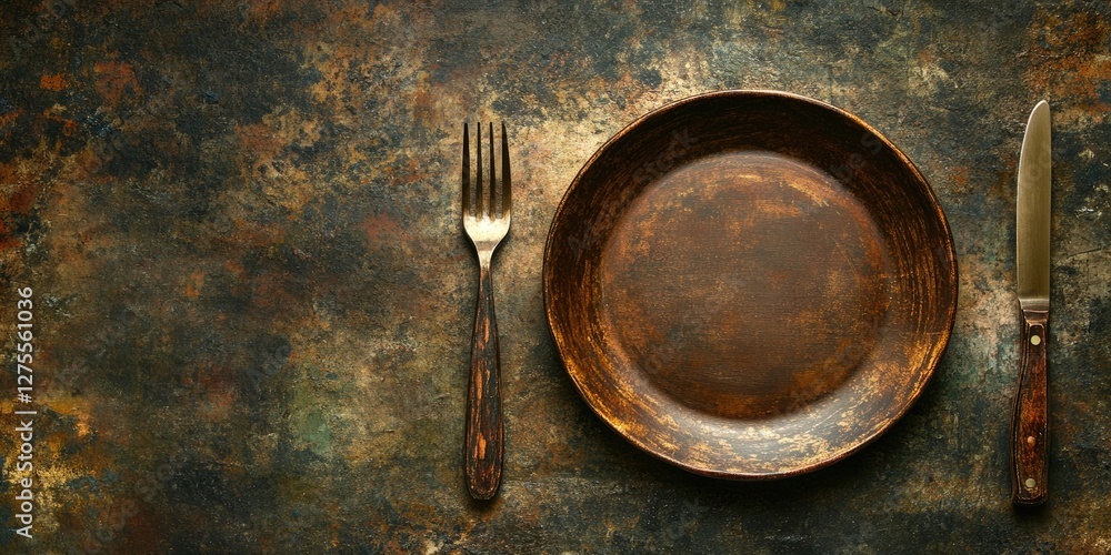 Poster rustic wooden plate with knife and fork placed on a textured dark brown background, showcasing an in