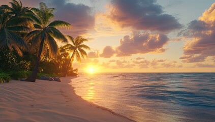 Tropical beach sunset, palm trees, calm ocean, idyllic scene