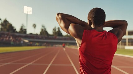 A college athlete performing a shoulder stretch on the sidelines during a track meet. Featuring focus and preparation
