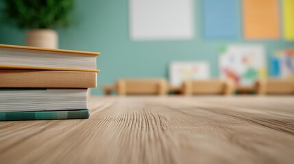 Stack of books on a wooden teacher’s desk in a bright elementary school classroom. The blurred background features student desks and a chalkboard, symbolizing education, learning, and academic growth