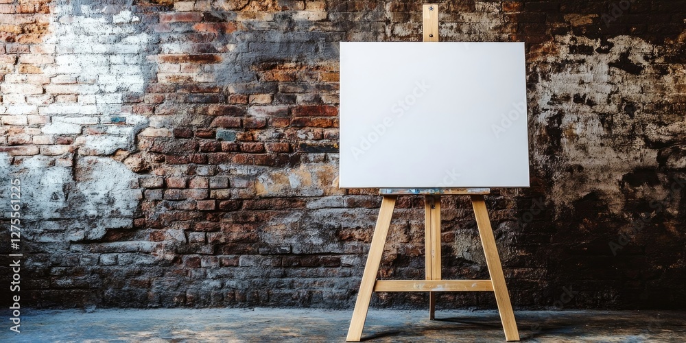 Poster blank canvas on a wooden easel against a rustic brick wall in warm tones with ample space for text c