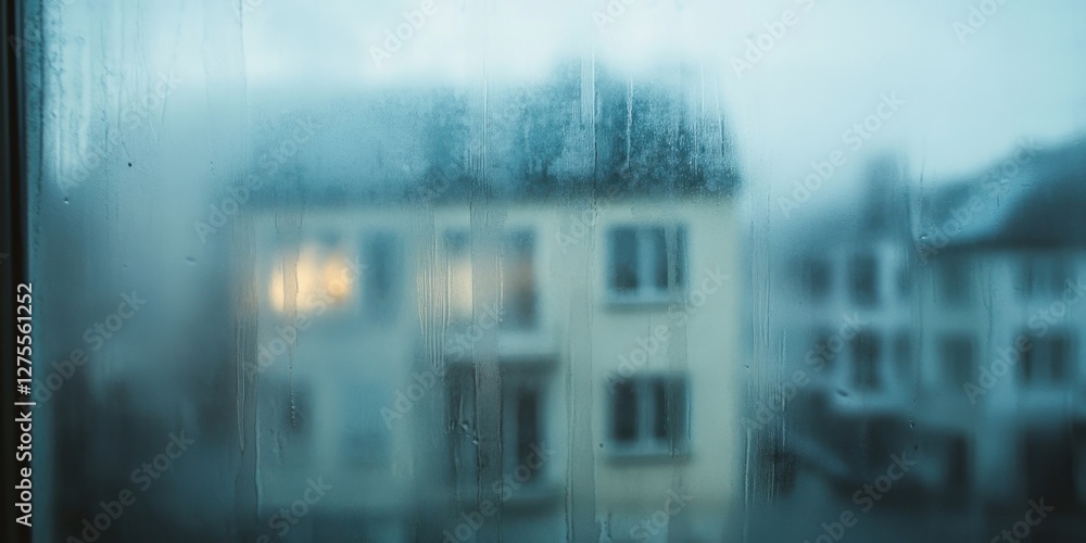 Aufkleber Foggy window view of a soft-focus residential building with light glowing through condensation droplets creating an ethereal blue backdrop.