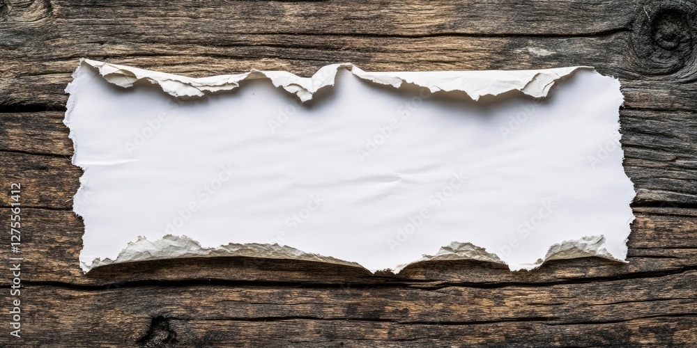Poster fragmented white paper on weathered wooden background with rough edges prominently displayed in cent