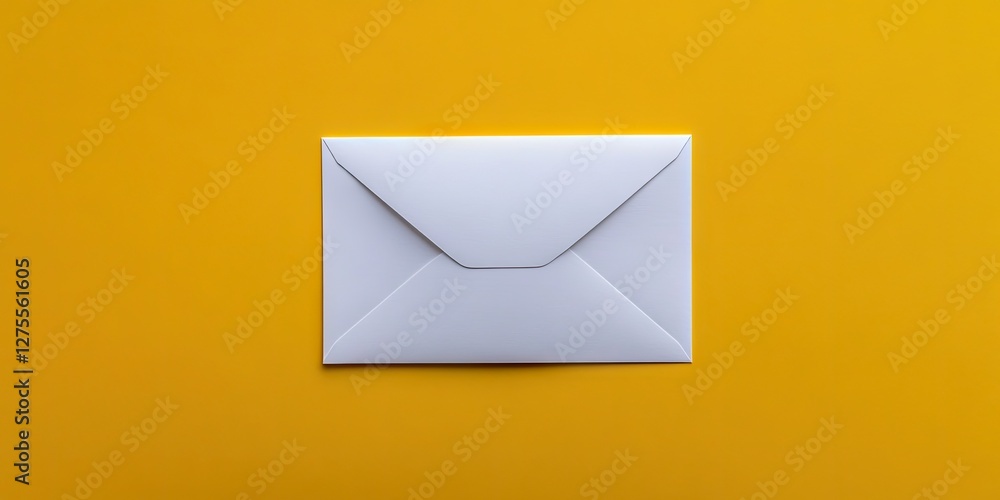 Aufkleber white paper envelope centered on vibrant yellow background seen from above, with crisp edges and smo