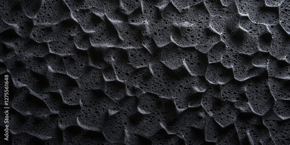 Poster Textured black foam surface with irregular hexagonal patterns creating a unique abstract background emphasizing depth and contrast.