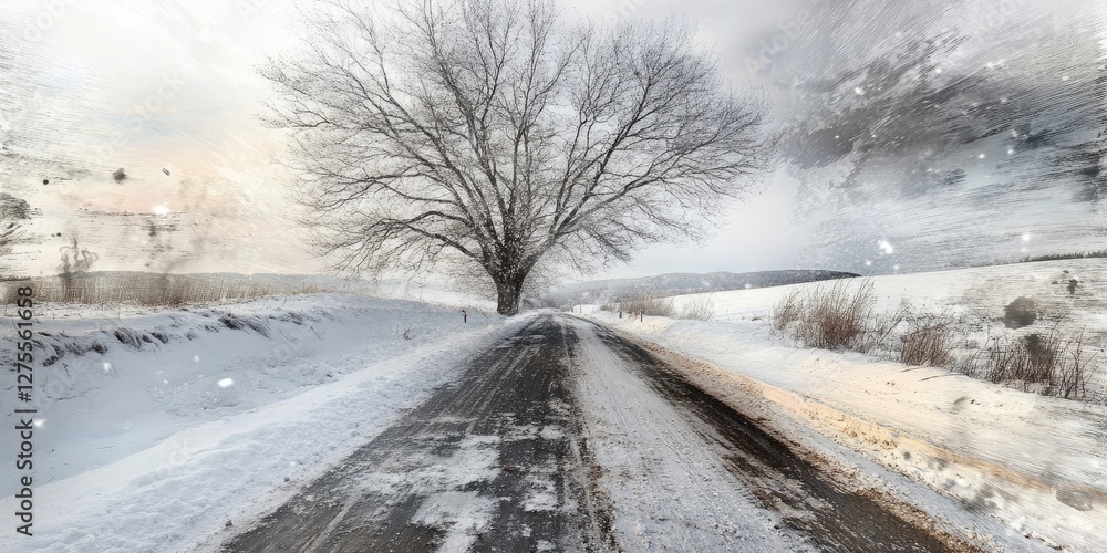 Poster snowy road lined with snow-covered fields and a tall, barren tree centrally positioned, with falling