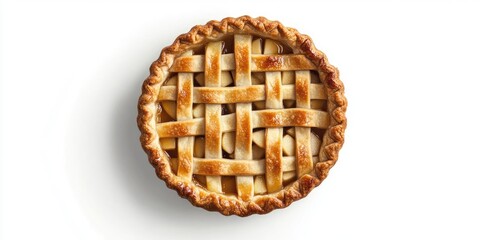Golden brown apple pie with a lattice crust on a white background, showcasing intricate weaving and crispy edges for a classic dessert appeal.
