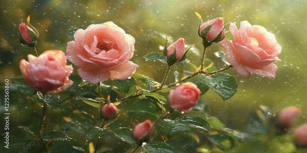 Poster delicate pink roses with dewdrops on soft green leaves surrounded by a gentle sunlight glow creating
