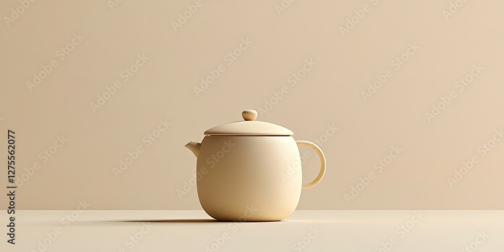 Poster minimalist cream-colored plastic tea container positioned at center on a smooth beige surface with a
