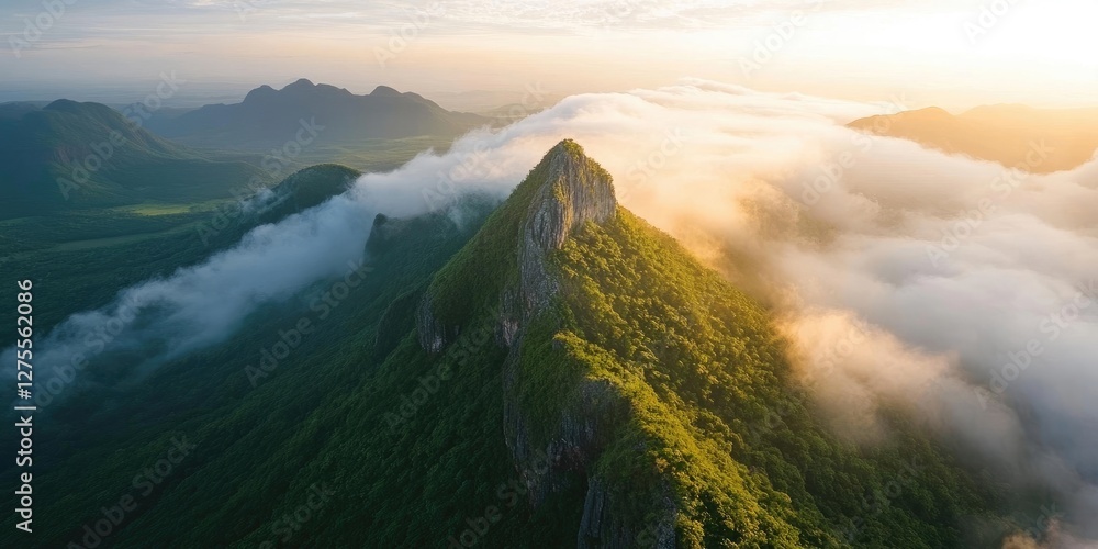 Poster majestic mountain peak bathed in golden sunlight with lush greenery and clouds rolling in the valley