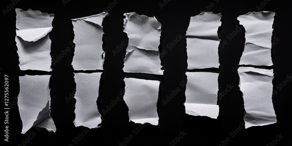 Leinwandbilder ripped white paper pieces arranged vertically on a solid black background, creating a striking contr