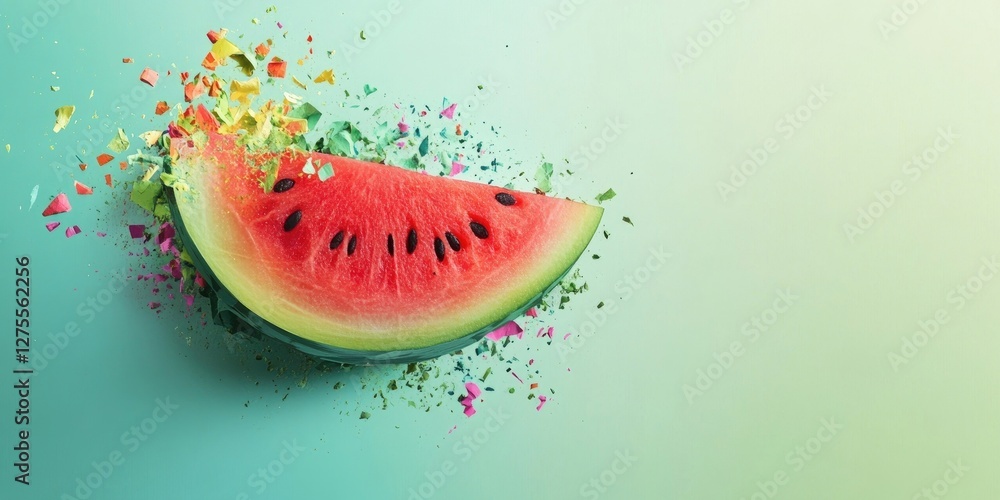 Poster Vibrant watermelon slice with playful colorful splashes on soft green pastel background emphasizing refreshing summer theme and artistic food concept