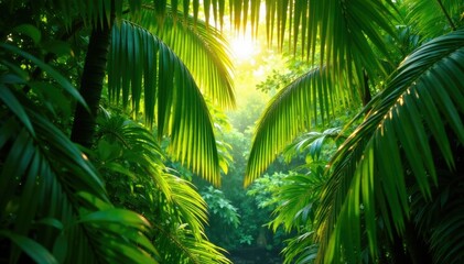 Palm fronds in the sunlight filtering through dense Sunderbans canopy, overgrown, thickets, foliage