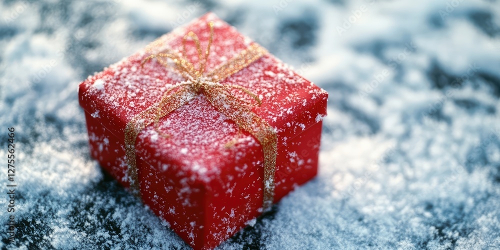 Poster red present box adorned with a golden ribbon sitting on a snowy surface, surrounded by a soft layer 