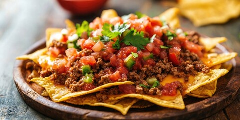 Delicious nachos arranged on a wooden plate featuring yellow tortilla chips topped with ground meat zesty salsa fresh tomatoes and green peppers garnished with cilantro