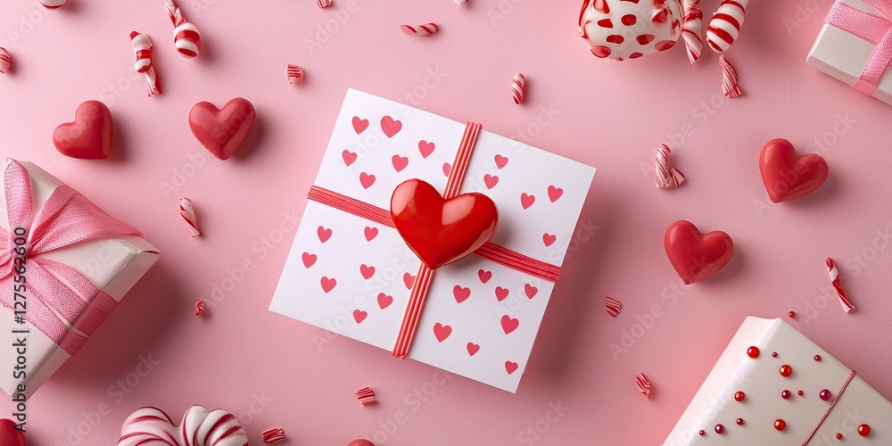 Aufkleber flat lay of a pink background showcasing a gift wrapped in a heart-patterned box topped with a red h
