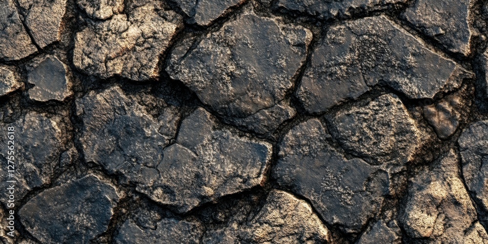 Poster close-up of cracked stone pavement texture showcasing dark grey and brown tones with irregular shape