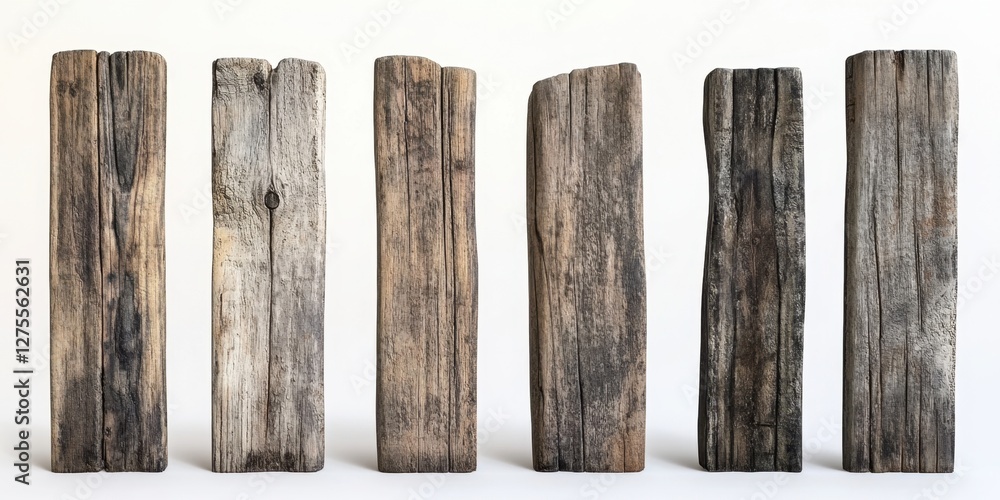 Poster aged wooden planks vary in texture and color arranged vertically in a row against a clean white back