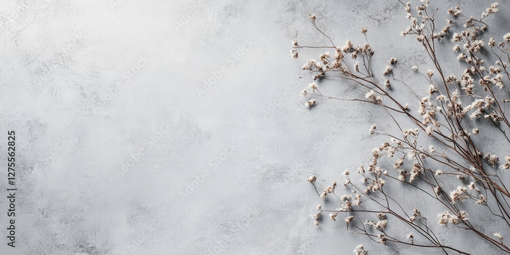 Poster delicate dried flowers with white blossoms arranged diagonally on a textured light blue background c