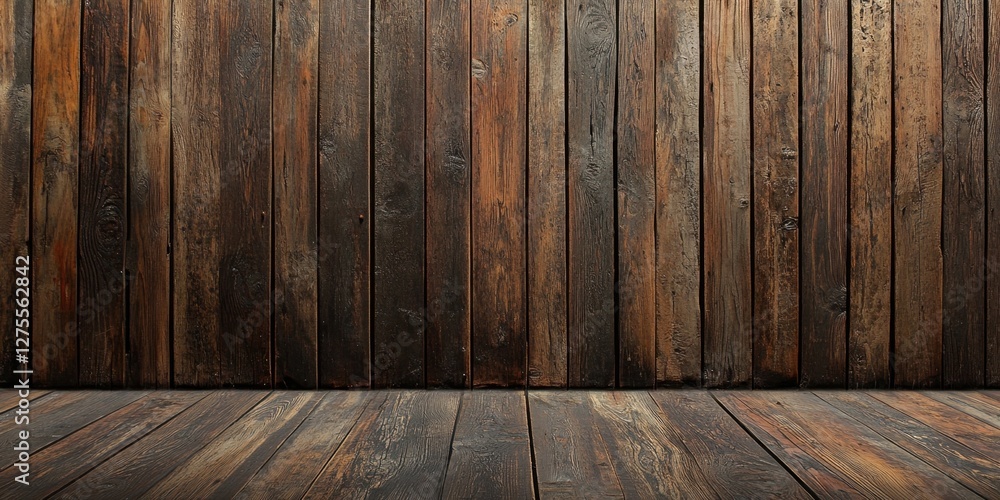 Wall mural Aged dark wooden wall background with vertical planks and a shadowed wooden floor creating a rustic atmosphere ideal for various design purposes