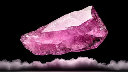 Fototapeta premium Celestial Gem: A luminous, multifaceted crystal with a captivating pink hue floats serenely against a stark black background, appearing to levitate above a soft, cloud-like formation.