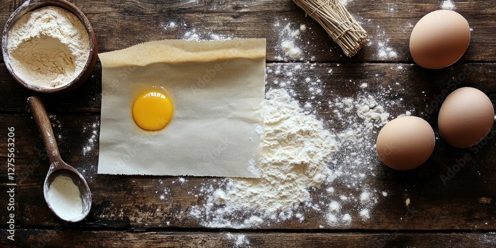 Poster baking ingredients scene with eggs and flour scattered on rustic wooden table featuring yellow yolk 
