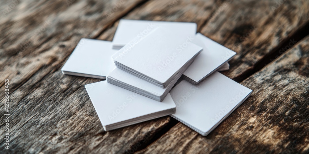 Poster White blank business cards stacked in a staggered arrangement on a rustic wooden tabletop with a textured brown surface.