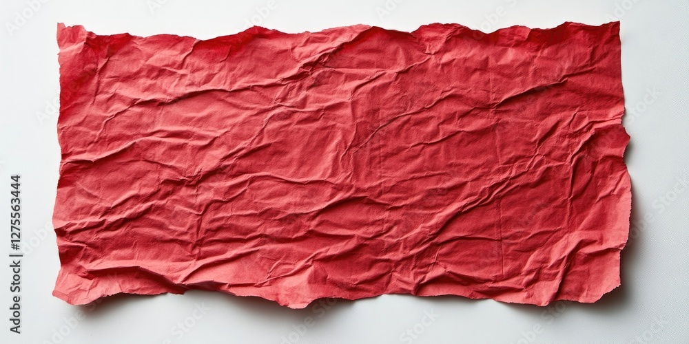 Poster crumpled red recycled paper sheet with visible texture placed on a white background highlighting eco