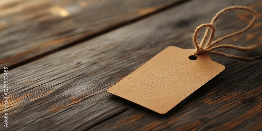 Poster empty price label with blank space positioned on a rustic wooden surface, featuring brown tones and 